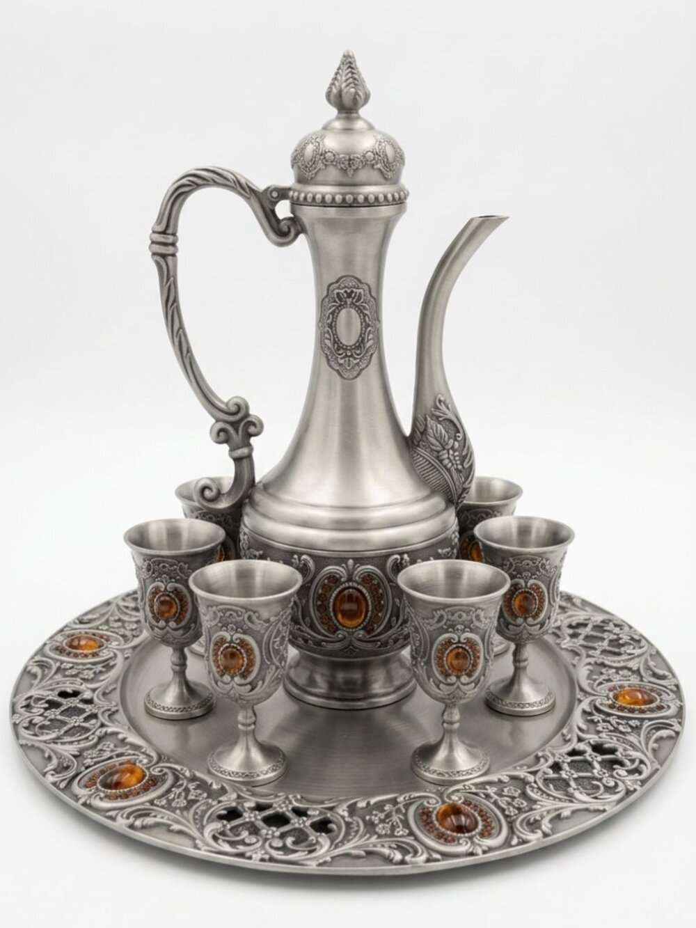 pewter decanter with cups & tray